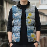Blue Hawaii Shark Tattoo Sleeveless Puffer Jacket Puakenikeni Lei Plumeria Polynesian Pattern