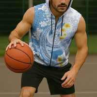 Blue Hawaii Shark Tattoo Sleeveless Zip Hoodie Puakenikeni Lei Plumeria Polynesian Pattern