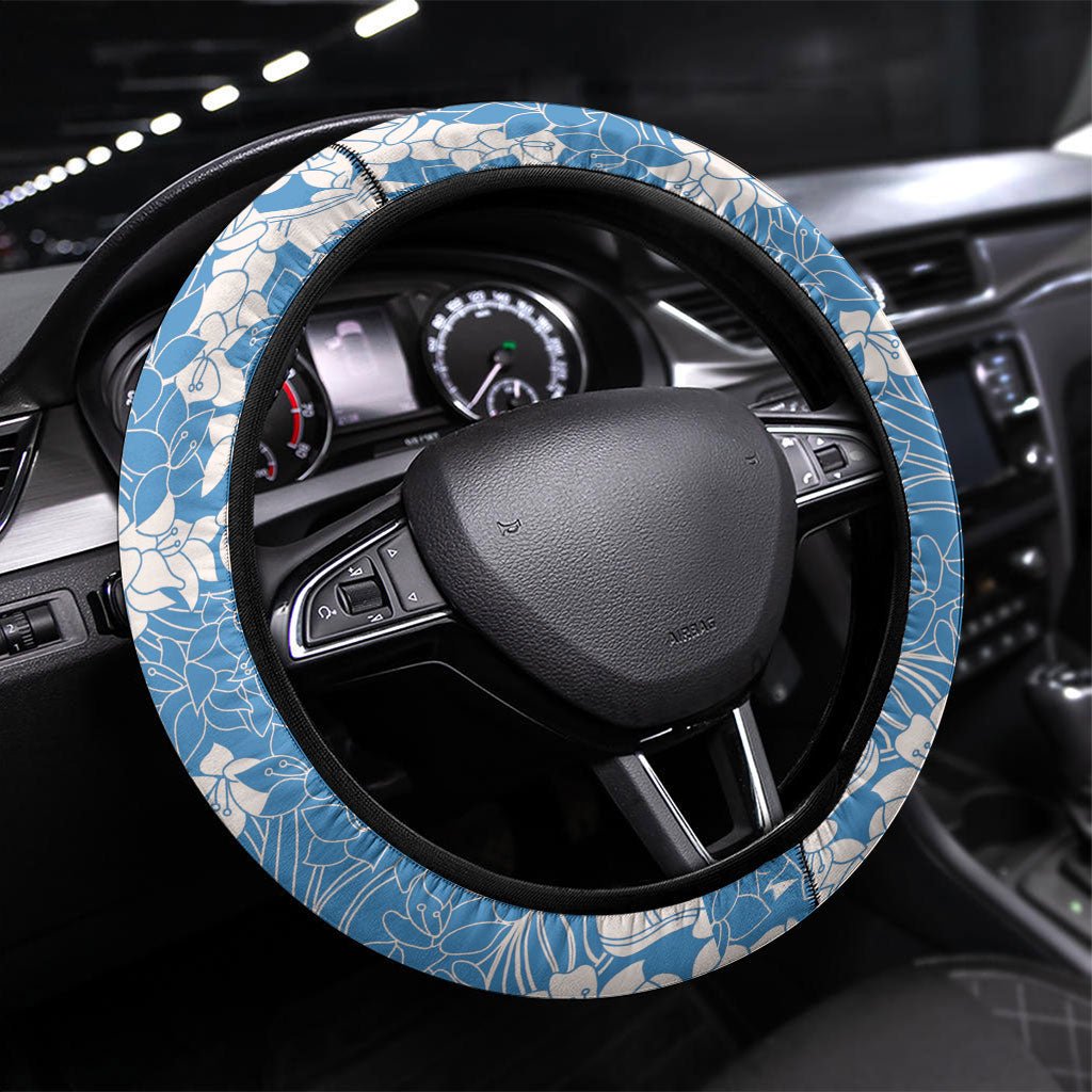 Blue Hawaii Shark Tattoo Steering Wheel Cover Puakenikeni Lei Plumeria Polynesian Pattern LT14 Universal Fit Blue - Polynesian Pride