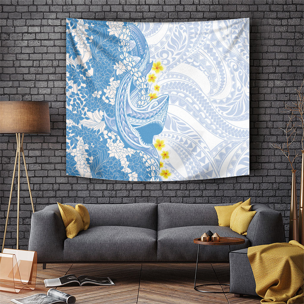Blue Hawaii Shark Tattoo Tapestry Puakenikeni Lei Plumeria Polynesian Pattern
