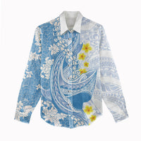 Blue Hawaii Shark Tattoo Women Casual Shirt Puakenikeni Lei Plumeria Polynesian Pattern LT14 - Polynesian Pride