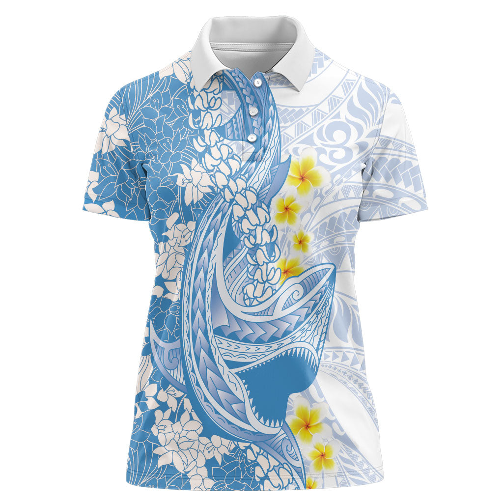 Blue Hawaii Shark Tattoo Women Polo Shirt Puakenikeni Lei Plumeria Polynesian Pattern LT14 Female Blue - Polynesian Pride