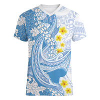 Blue Hawaii Shark Tattoo Women V-Neck T-Shirt Puakenikeni Lei Plumeria Polynesian Pattern LT14 Female Blue - Polynesian Pride
