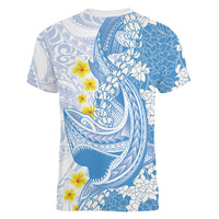 Blue Hawaii Shark Tattoo Women V-Neck T-Shirt Puakenikeni Lei Plumeria Polynesian Pattern LT14 - Polynesian Pride