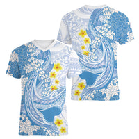 Blue Hawaii Shark Tattoo Women V-Neck T-Shirt Puakenikeni Lei Plumeria Polynesian Pattern LT14 - Polynesian Pride