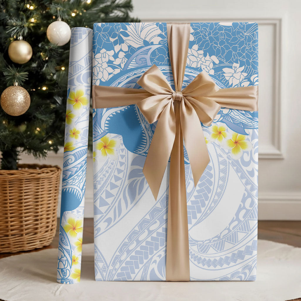 Blue Hawaii Shark Tattoo Wrapping Paper Puakenikeni Lei Plumeria Polynesian Pattern