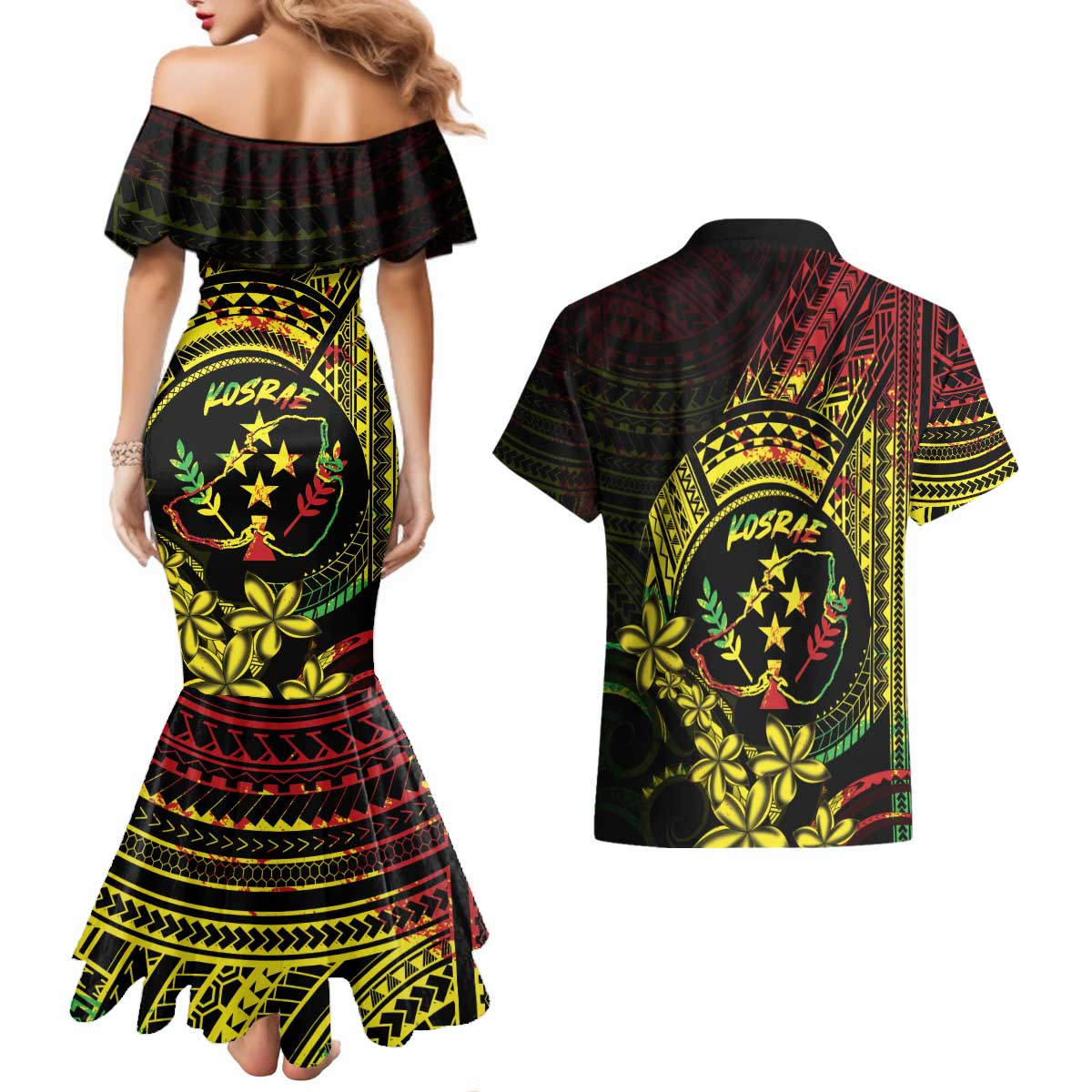 Reggae Kosrae Liberation Day Couples Matching Mermaid Dress and Hawaiian Shirt September 8 Polynesian Tattoo LT14 - Polynesian Pride