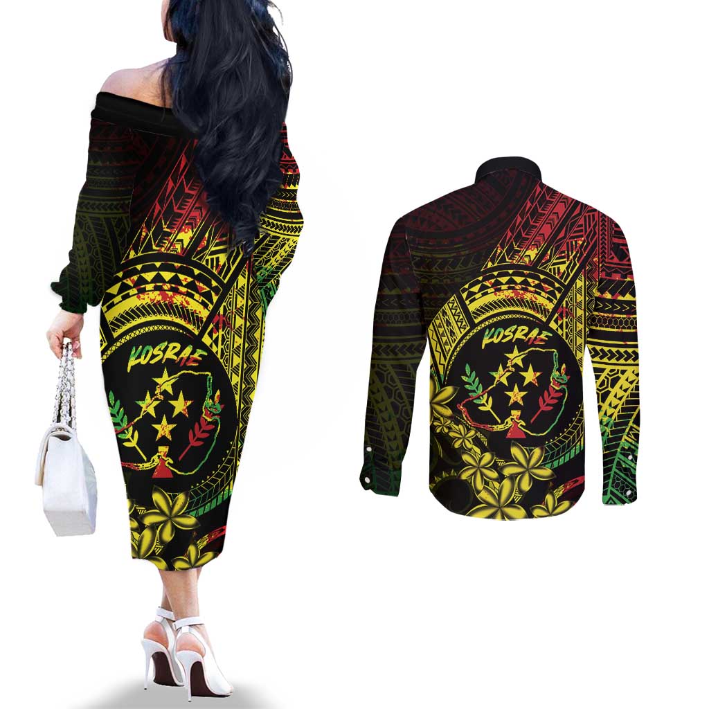 Reggae Kosrae Liberation Day Couples Matching Off The Shoulder Long Sleeve Dress and Long Sleeve Button Shirt September 8 Polynesian Tattoo LT14 - Polynesian Pride
