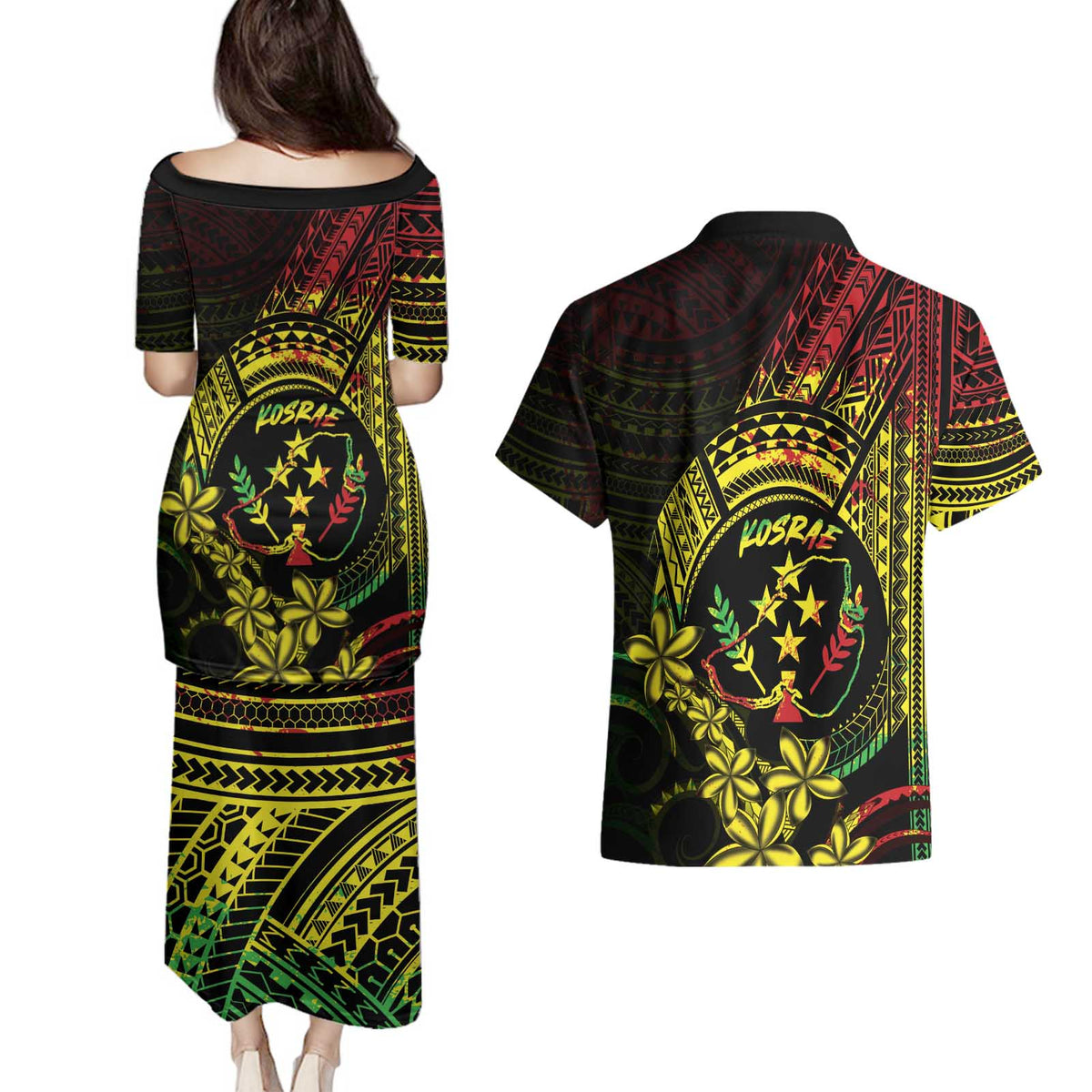 Reggae Kosrae Liberation Day Couples Matching Puletasi and Hawaiian Shirt September 8 Polynesian Tattoo - Polynesian Pride