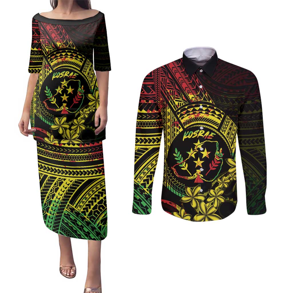 Reggae Kosrae Liberation Day Couples Matching Puletasi and Long Sleeve Button Shirt September 8 Polynesian Tattoo - Polynesian Pride