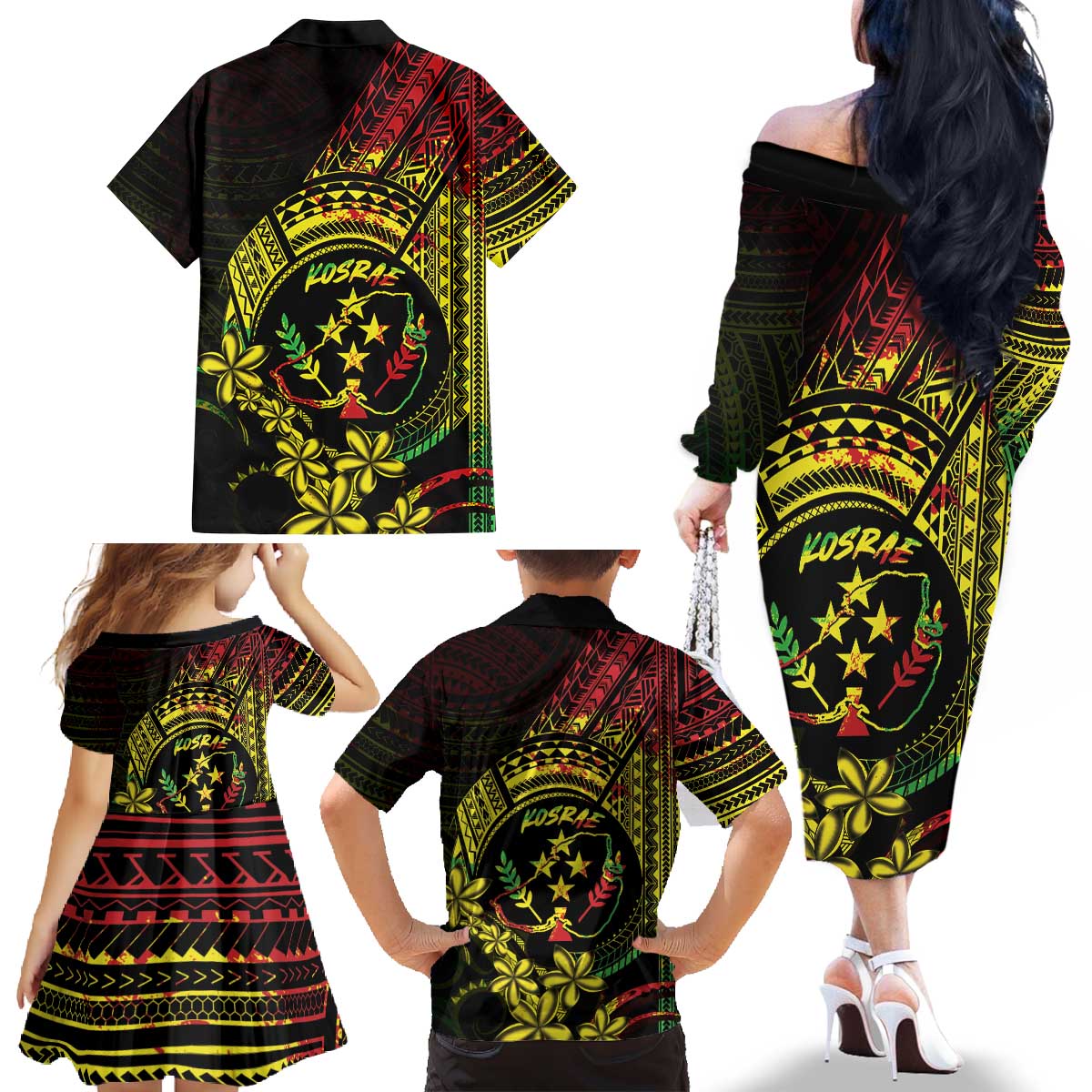 Reggae Kosrae Liberation Day Family Matching Off The Shoulder Long Sleeve Dress and Hawaiian Shirt September 8 Polynesian Tattoo LT14 - Polynesian Pride