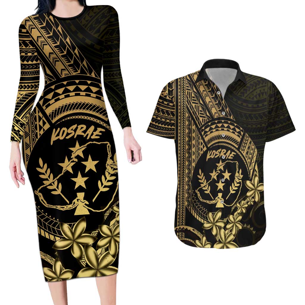 Gold Kosrae Liberation Day Couples Matching Long Sleeve Bodycon Dress and Hawaiian Shirt September 8 Polynesian Tattoo LT14 Gold - Polynesian Pride