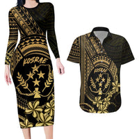 Gold Kosrae Liberation Day Couples Matching Long Sleeve Bodycon Dress and Hawaiian Shirt September 8 Polynesian Tattoo LT14 Gold - Polynesian Pride