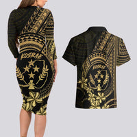 Gold Kosrae Liberation Day Couples Matching Long Sleeve Bodycon Dress and Hawaiian Shirt September 8 Polynesian Tattoo LT14 - Polynesian Pride