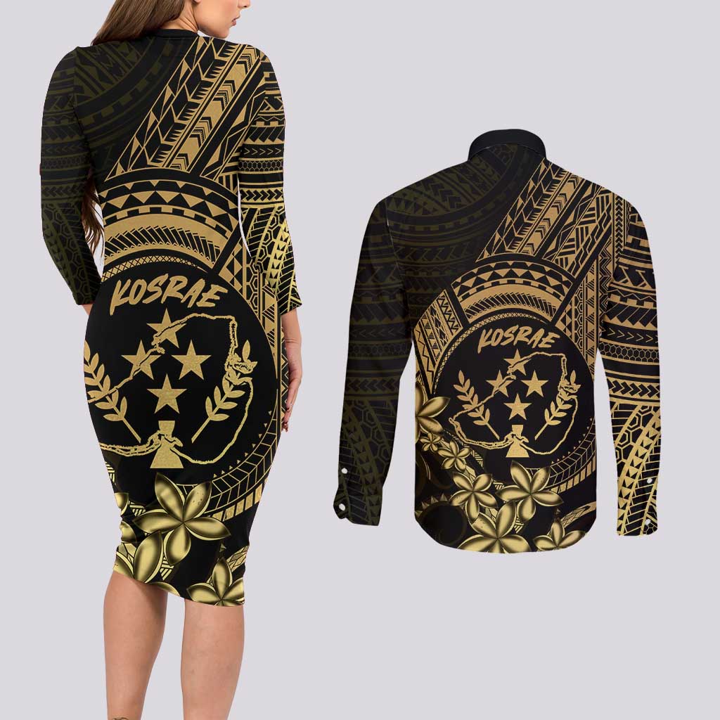 Gold Kosrae Liberation Day Couples Matching Long Sleeve Bodycon Dress and Long Sleeve Button Shirt September 8 Polynesian Tattoo LT14 - Polynesian Pride