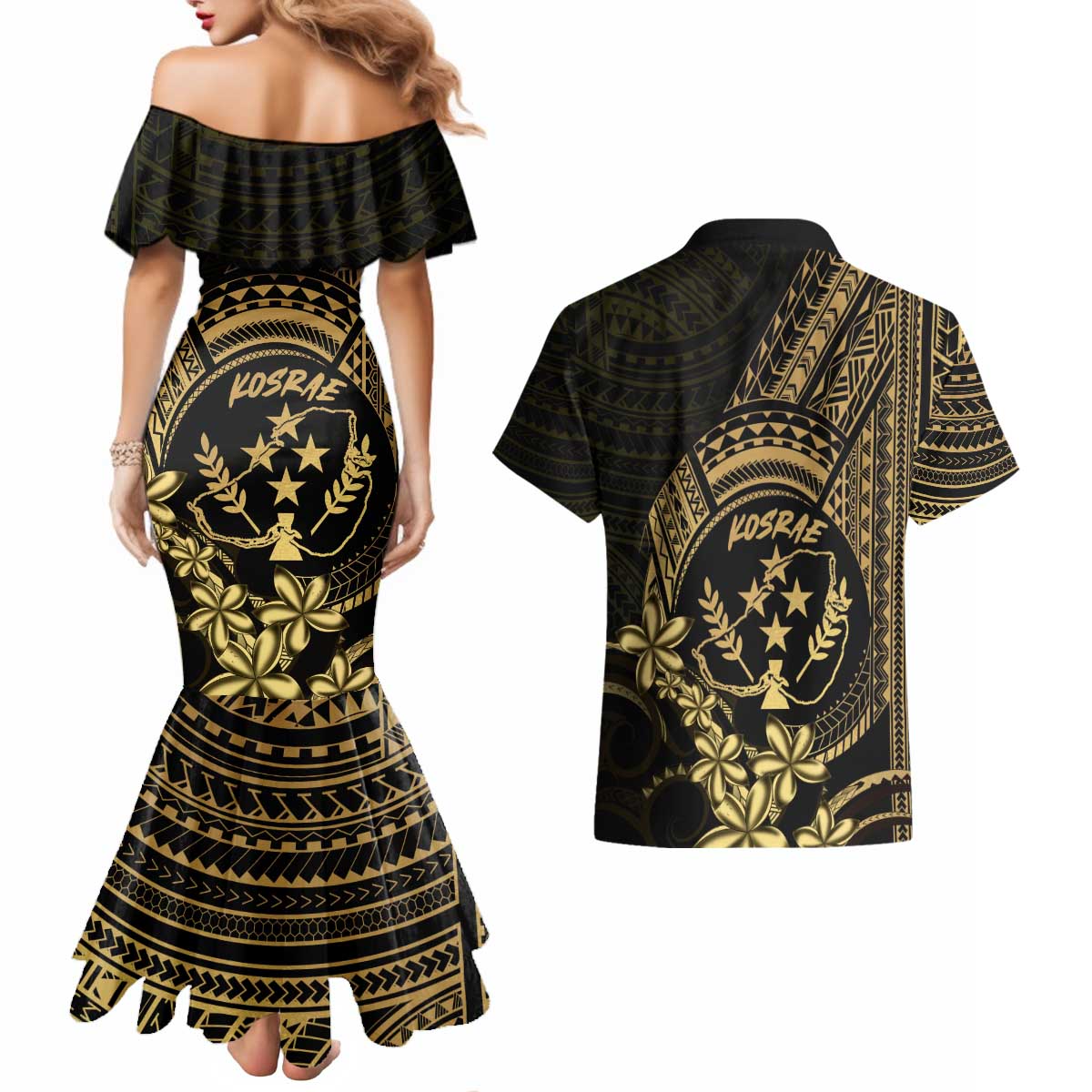 Gold Kosrae Liberation Day Couples Matching Mermaid Dress and Hawaiian Shirt September 8 Polynesian Tattoo LT14 - Polynesian Pride