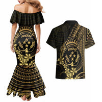 Gold Kosrae Liberation Day Couples Matching Mermaid Dress and Hawaiian Shirt September 8 Polynesian Tattoo LT14 - Polynesian Pride
