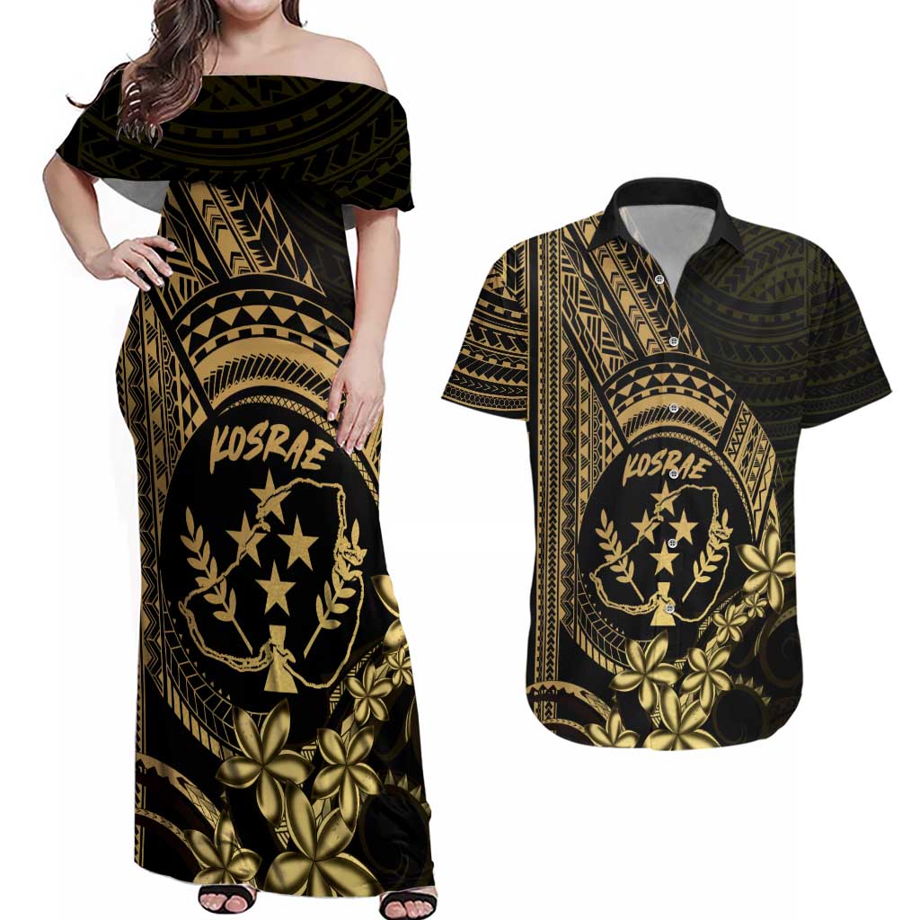 Gold Kosrae Liberation Day Couples Matching Off Shoulder Maxi Dress and Hawaiian Shirt September 8 Polynesian Tattoo LT14 Gold - Polynesian Pride