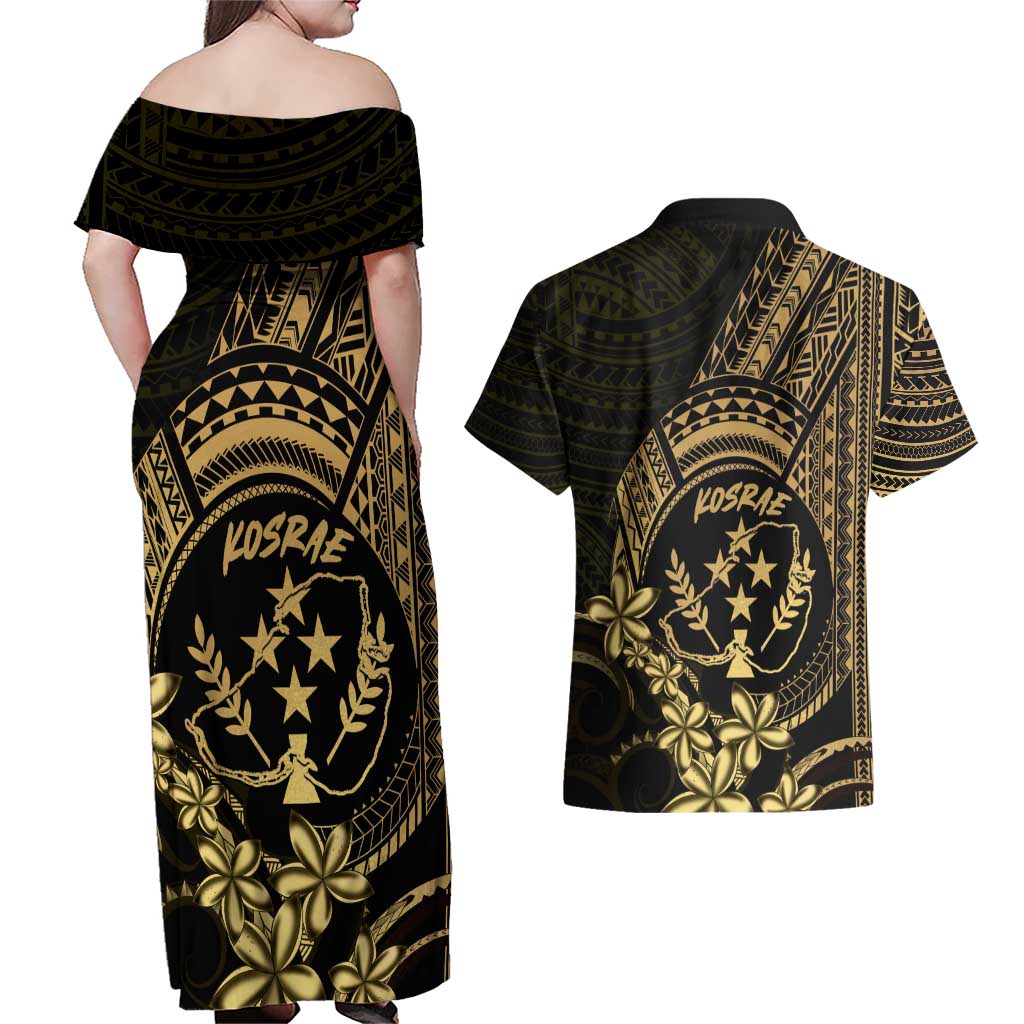 Gold Kosrae Liberation Day Couples Matching Off Shoulder Maxi Dress and Hawaiian Shirt September 8 Polynesian Tattoo LT14 - Polynesian Pride