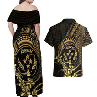 Gold Kosrae Liberation Day Couples Matching Off Shoulder Maxi Dress and Hawaiian Shirt September 8 Polynesian Tattoo LT14 - Polynesian Pride