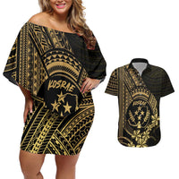 Gold Kosrae Liberation Day Couples Matching Off Shoulder Short Dress and Hawaiian Shirt September 8 Polynesian Tattoo LT14 Gold - Polynesian Pride