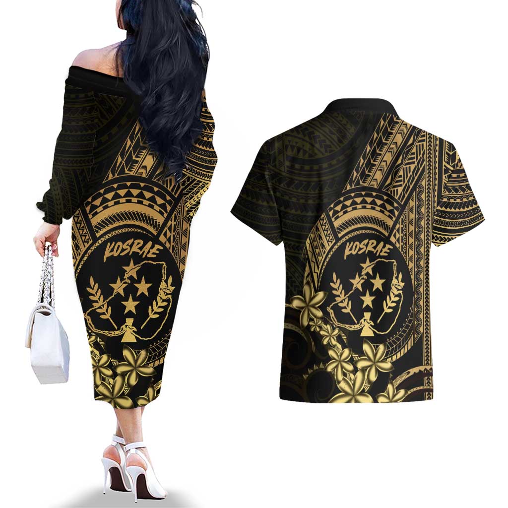 Gold Kosrae Liberation Day Couples Matching Off The Shoulder Long Sleeve Dress and Hawaiian Shirt September 8 Polynesian Tattoo LT14 - Polynesian Pride