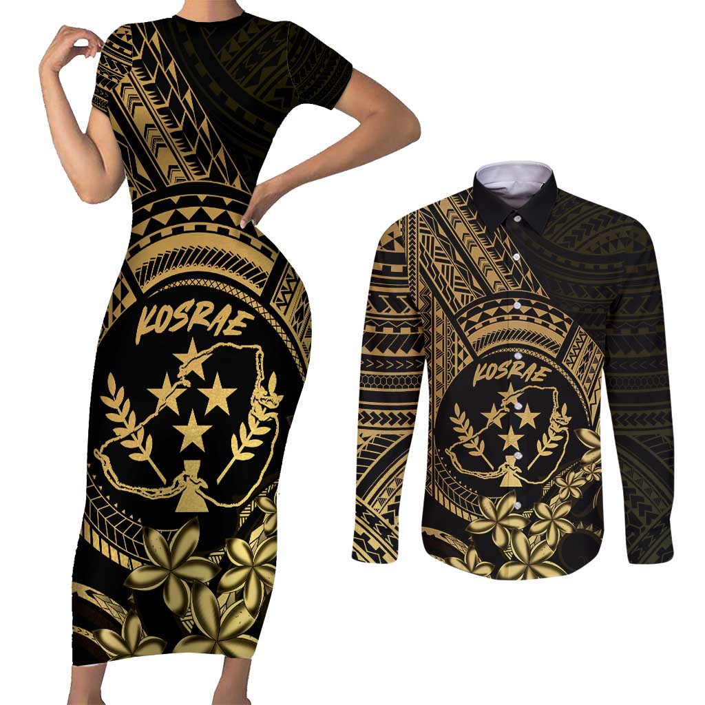 Gold Kosrae Liberation Day Couples Matching Short Sleeve Bodycon Dress and Long Sleeve Button Shirt September 8 Polynesian Tattoo LT14 Gold - Polynesian Pride
