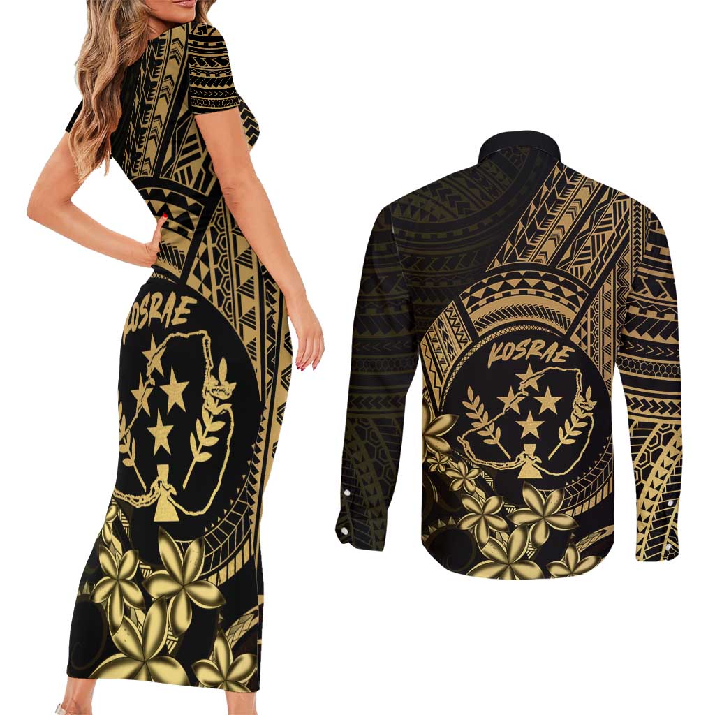 Gold Kosrae Liberation Day Couples Matching Short Sleeve Bodycon Dress and Long Sleeve Button Shirt September 8 Polynesian Tattoo LT14 - Polynesian Pride