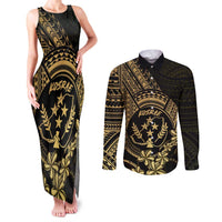 Gold Kosrae Liberation Day Couples Matching Tank Maxi Dress and Long Sleeve Button Shirt September 8 Polynesian Tattoo - Polynesian Pride