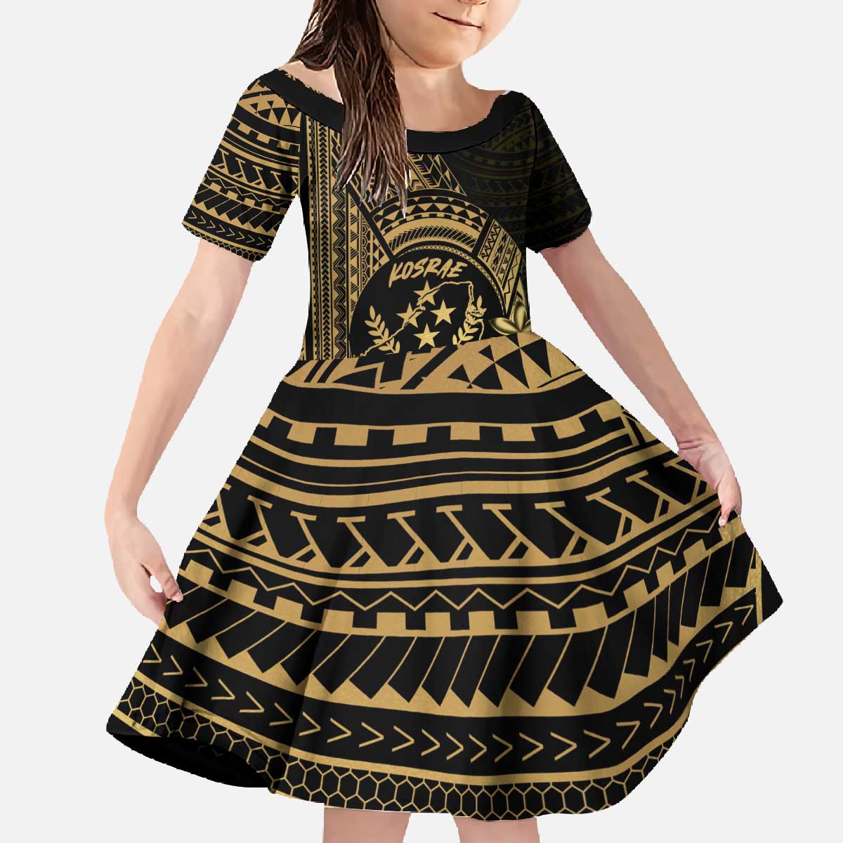 Gold Kosrae Liberation Day Family Matching Off The Shoulder Long Sleeve Dress and Hawaiian Shirt September 8 Polynesian Tattoo LT14 Daughter's Dress Gold - Polynesian Pride