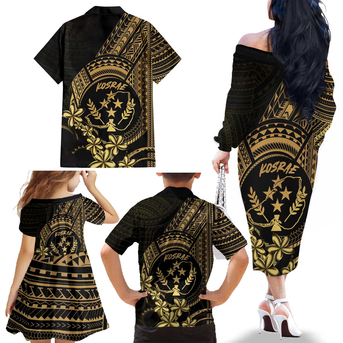 Gold Kosrae Liberation Day Family Matching Off The Shoulder Long Sleeve Dress and Hawaiian Shirt September 8 Polynesian Tattoo LT14 - Polynesian Pride