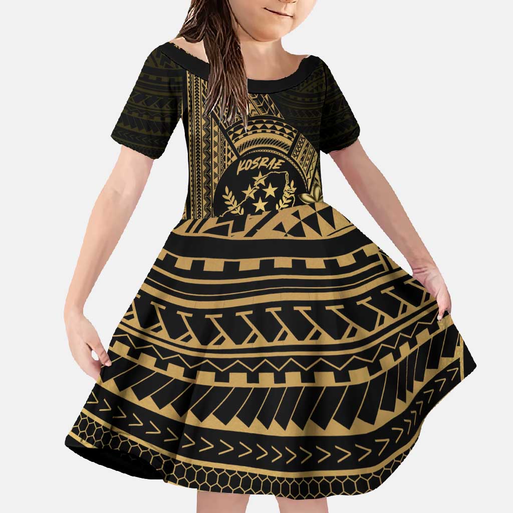 Gold Kosrae Liberation Day Family Matching Off Shoulder Maxi Dress and Hawaiian Shirt September 8 Polynesian Tattoo LT14 Daughter's Dress Gold - Polynesian Pride