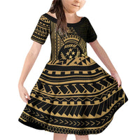 Gold Kosrae Liberation Day Family Matching Off Shoulder Short Dress and Hawaiian Shirt September 8 Polynesian Tattoo LT14 Daughter's Dress Gold - Polynesian Pride
