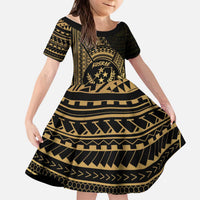 Gold Kosrae Liberation Day Kid Short Sleeve Dress September 8 Polynesian Tattoo - Polynesian Pride
