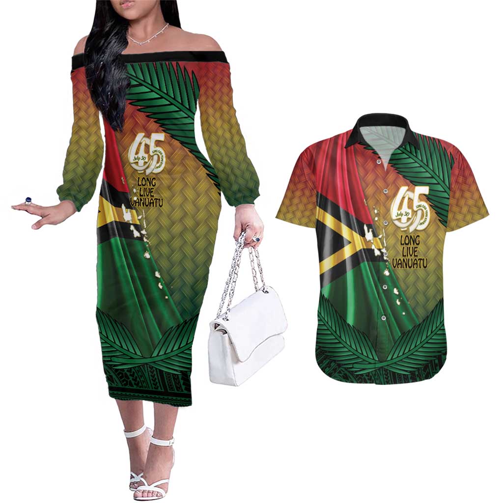 Personalised Long Live Vanuatu Independence Day Couples Matching Off The Shoulder Long Sleeve Dress and Hawaiian Shirt 45th Anniversary Woven Pattern LT14 Reggae - Polynesian Pride