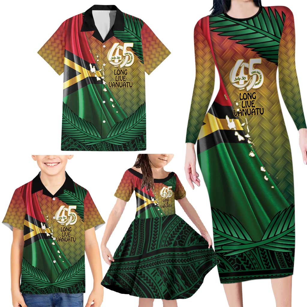 Personalised Long Live Vanuatu Independence Day Family Matching Long Sleeve Bodycon Dress and Hawaiian Shirt 45th Anniversary Woven Pattern LT14 - Polynesian Pride