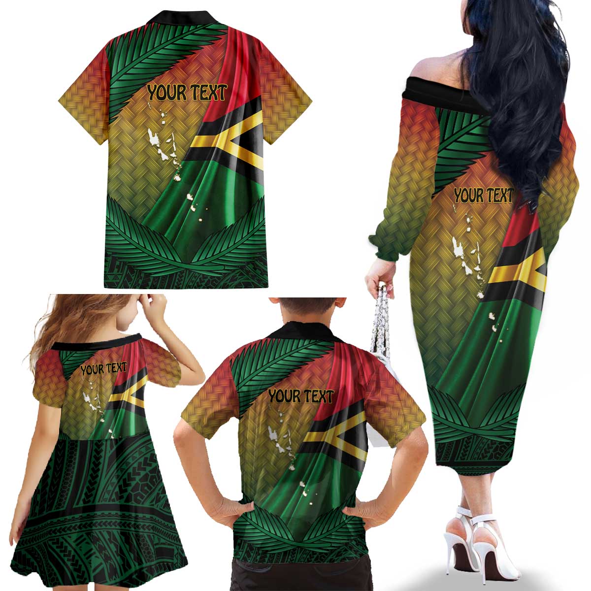 Personalised Long Live Vanuatu Independence Day Family Matching Off The Shoulder Long Sleeve Dress and Hawaiian Shirt 45th Anniversary Woven Pattern LT14 - Polynesian Pride