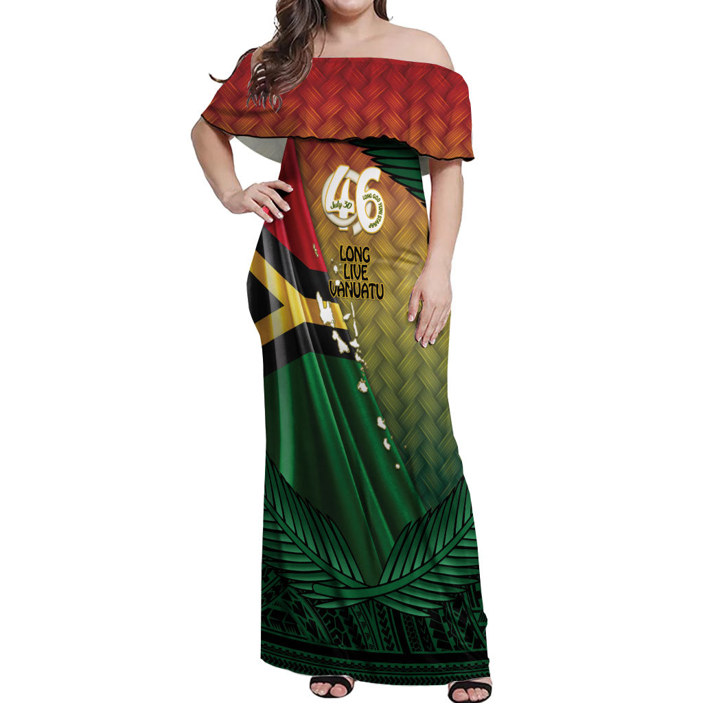 Personalised Long Live Vanuatu Independence Day Off Shoulder Maxi Dress 46th Anniversary Woven Pattern LT14 Women Reggae - Polynesian Pride