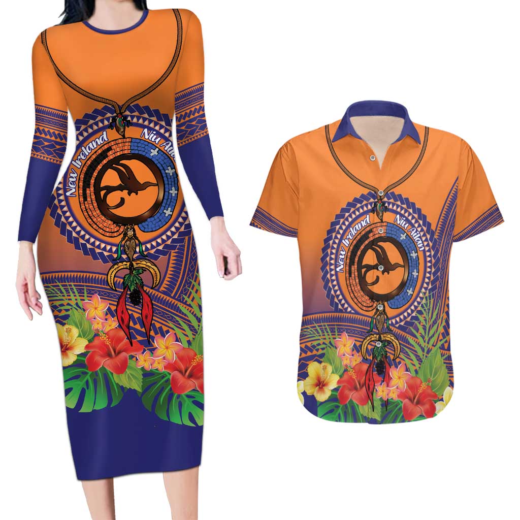 PNG New Ireland Province Couples Matching Long Sleeve Bodycon Dress and Hawaiian Shirt Niu Ailan Necklace Polynesian Tattoo LT14 Orange - Polynesian Pride