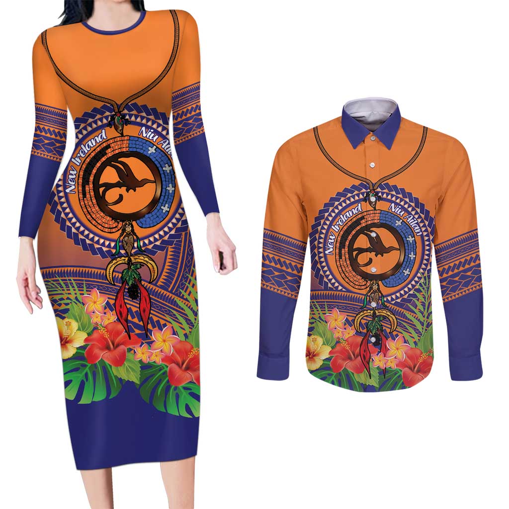 PNG New Ireland Province Couples Matching Long Sleeve Bodycon Dress and Long Sleeve Button Shirt Niu Ailan Necklace Polynesian Tattoo LT14 Orange - Polynesian Pride