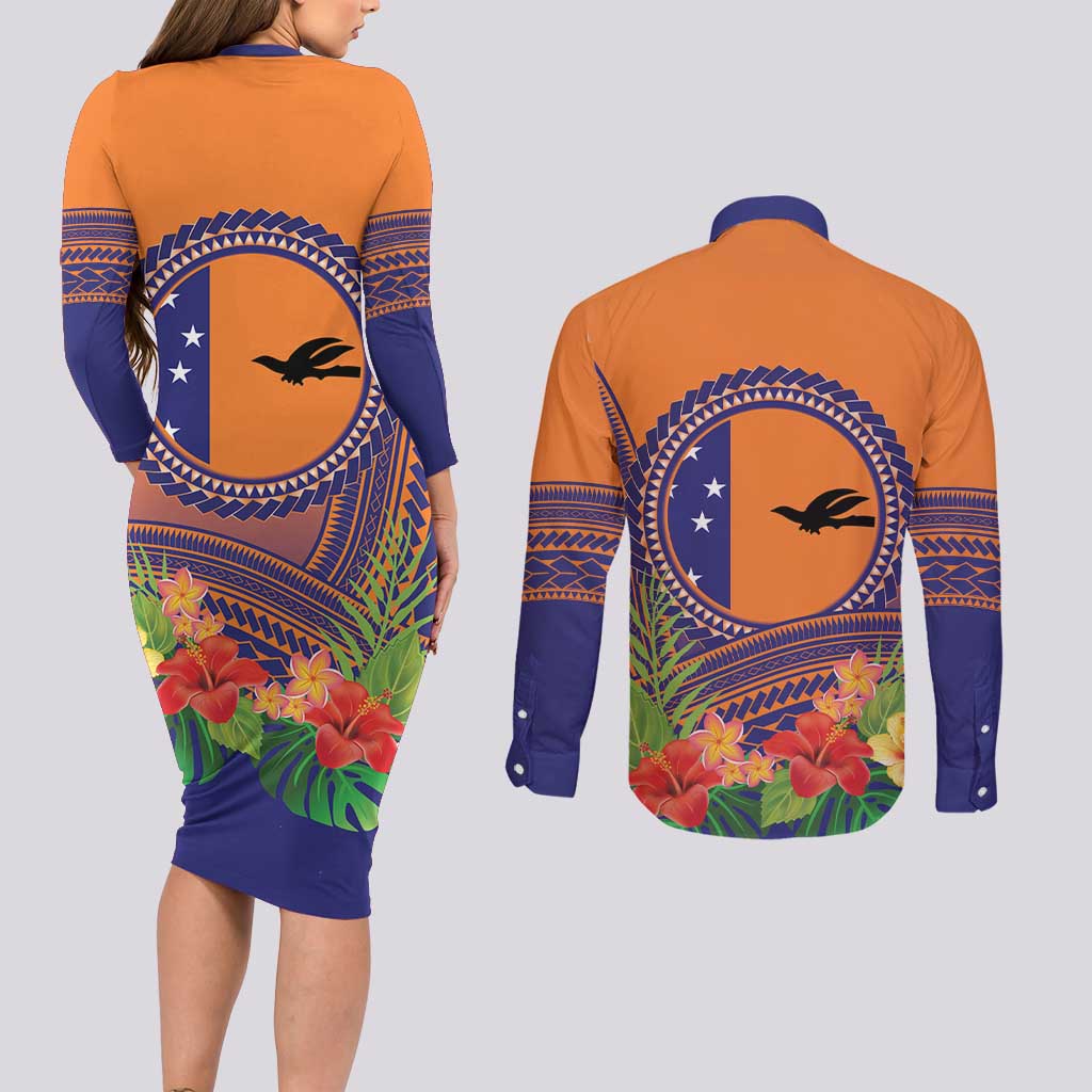 PNG New Ireland Province Couples Matching Long Sleeve Bodycon Dress and Long Sleeve Button Shirt Niu Ailan Necklace Polynesian Tattoo LT14 - Polynesian Pride