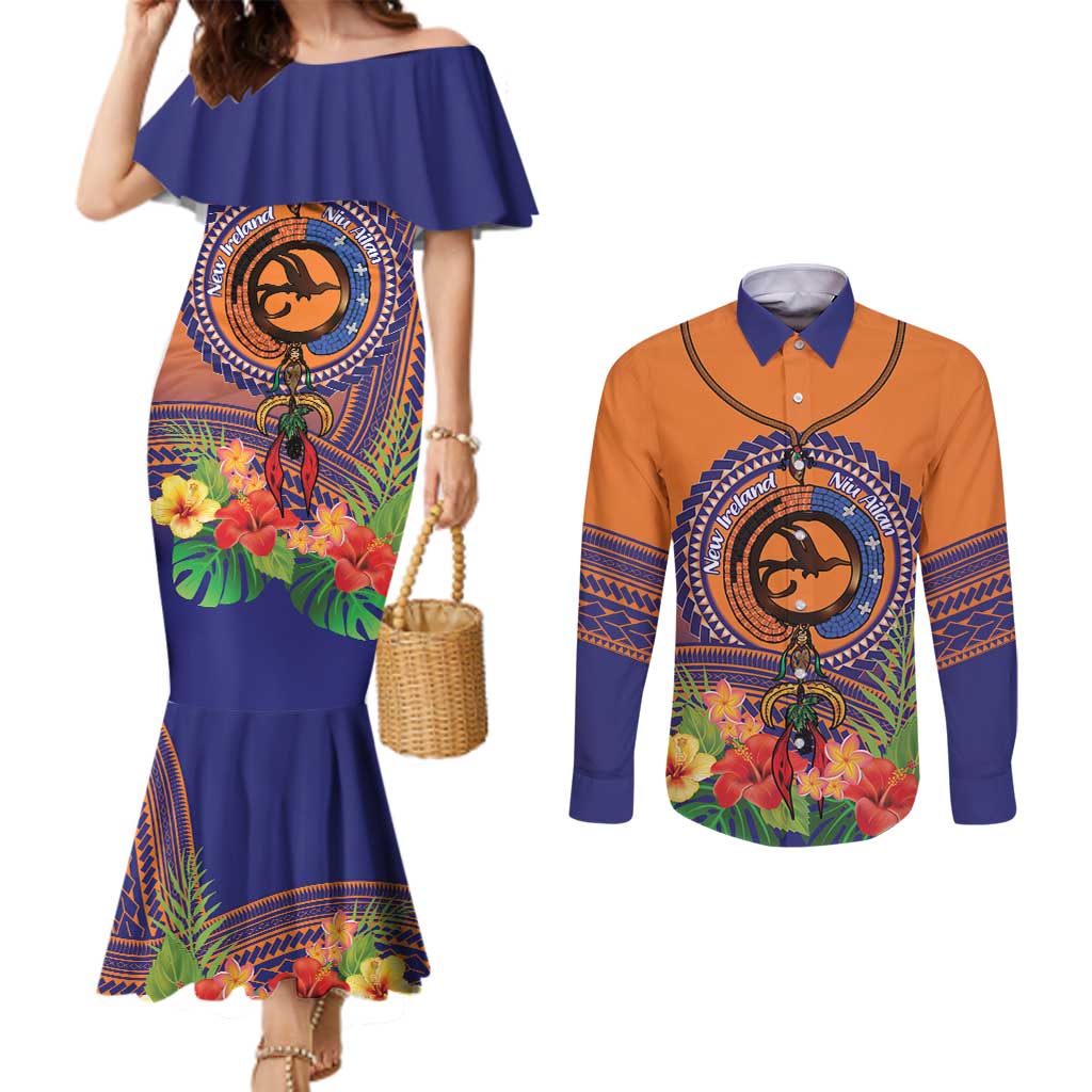 PNG New Ireland Province Couples Matching Mermaid Dress and Long Sleeve Button Shirt Niu Ailan Necklace Polynesian Tattoo LT14 Orange - Polynesian Pride