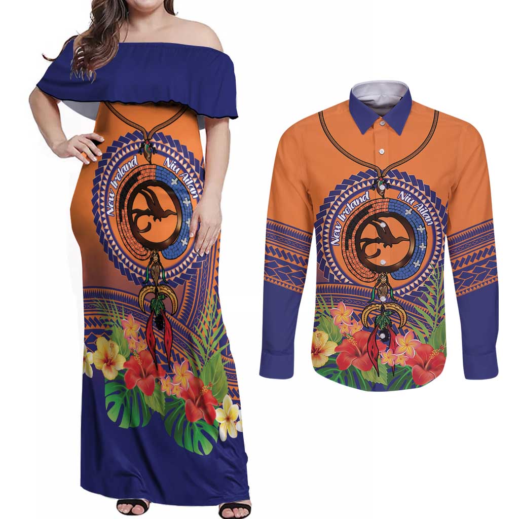 PNG New Ireland Province Couples Matching Off Shoulder Maxi Dress and Long Sleeve Button Shirt Niu Ailan Necklace Polynesian Tattoo LT14 Orange - Polynesian Pride