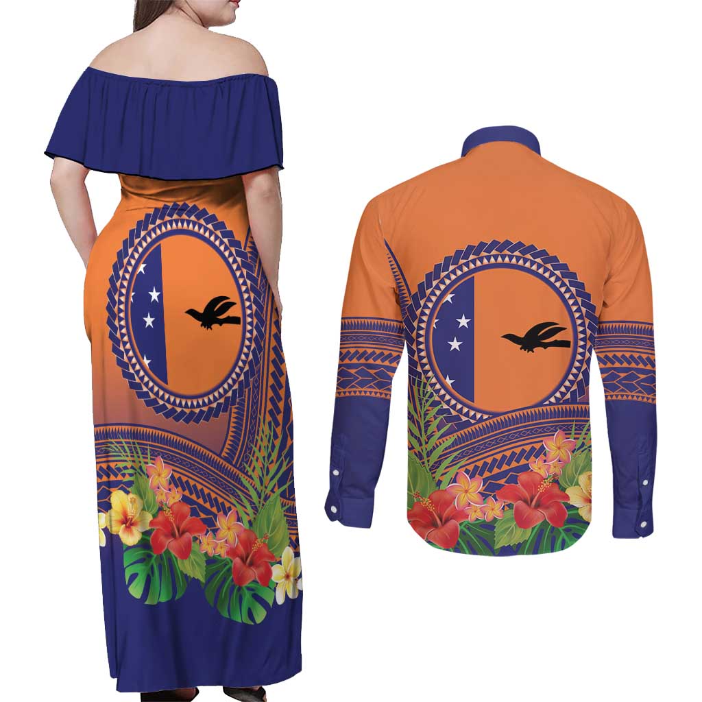 PNG New Ireland Province Couples Matching Off Shoulder Maxi Dress and Long Sleeve Button Shirt Niu Ailan Necklace Polynesian Tattoo LT14 - Polynesian Pride