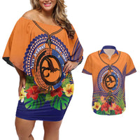 PNG New Ireland Province Couples Matching Off Shoulder Short Dress and Hawaiian Shirt Niu Ailan Necklace Polynesian Tattoo LT14 Orange - Polynesian Pride