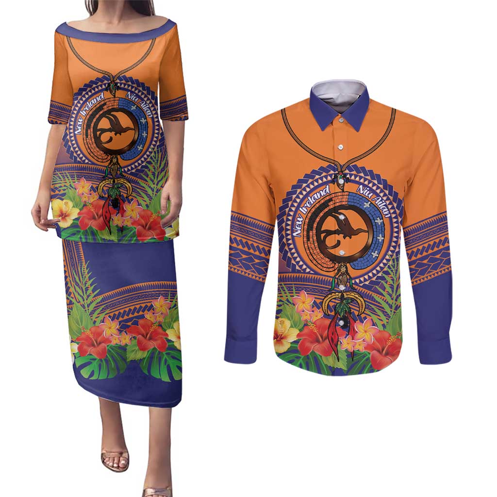 PNG New Ireland Province Couples Matching Puletasi and Long Sleeve Button Shirt Niu Ailan Necklace Polynesian Tattoo LT14 Orange - Polynesian Pride