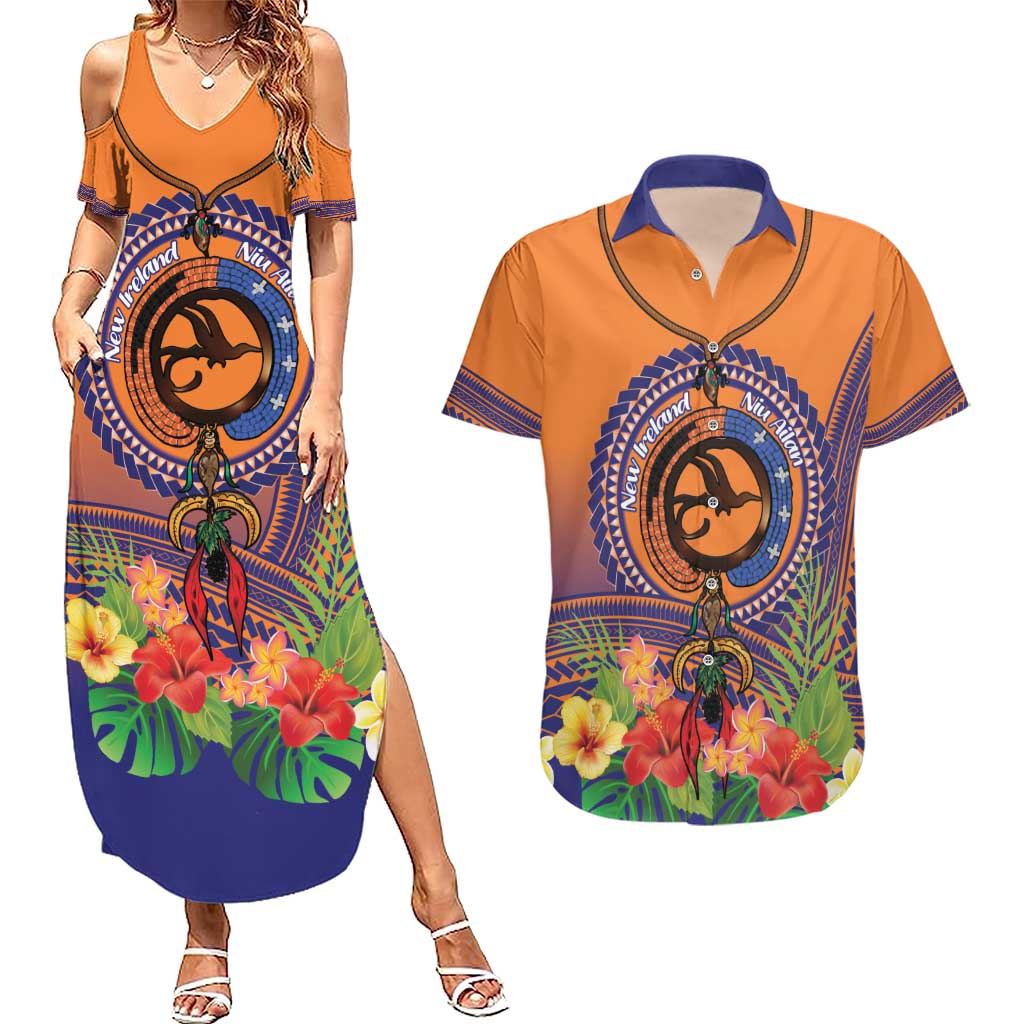 PNG New Ireland Province Couples Matching Summer Maxi Dress and Hawaiian Shirt Niu Ailan Necklace Polynesian Tattoo LT14 Orange - Polynesian Pride
