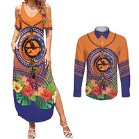 PNG New Ireland Province Couples Matching Summer Maxi Dress and Long Sleeve Button Shirt Niu Ailan Necklace Polynesian Tattoo LT14 Orange - Polynesian Pride