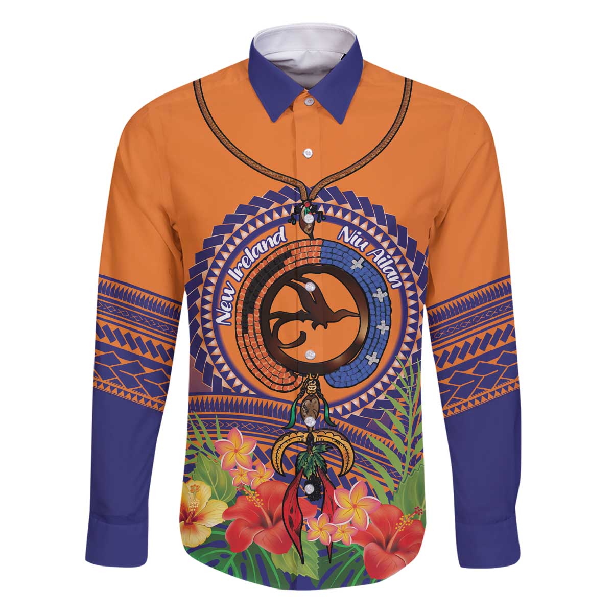 PNG New Ireland Province Family Matching Off The Shoulder Long Sleeve Dress and Hawaiian Shirt Niu Ailan Necklace Polynesian Tattoo LT14 Dad's Shirt - Long Sleeve Orange - Polynesian Pride