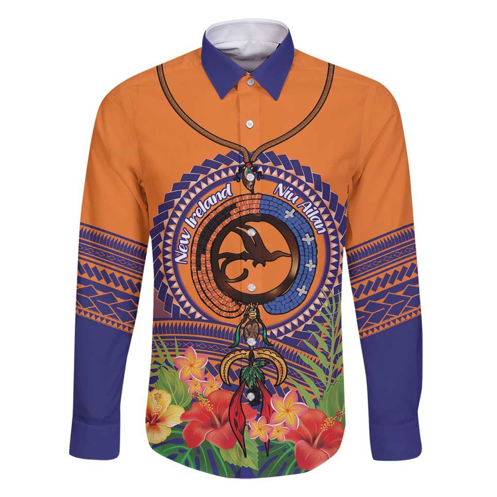 PNG New Ireland Province Family Matching Off Shoulder Short Dress and Hawaiian Shirt Niu Ailan Necklace Polynesian Tattoo LT14 Dad's Shirt - Long Sleeve Orange - Polynesian Pride